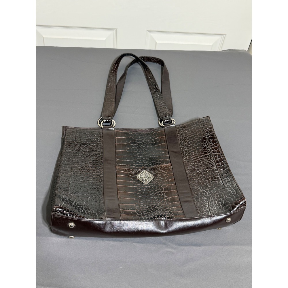 Coldwater Creek Brown Faux Crocodile Embossed Tote Shoulder Bag Silver Hardware